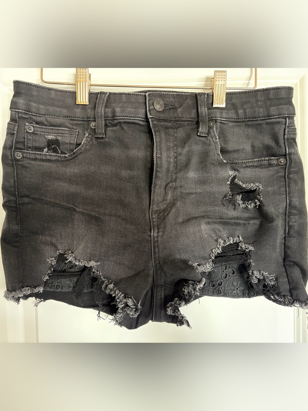 American Eagle Outfitters Black Distressed Denim Shorts with Lace Insets